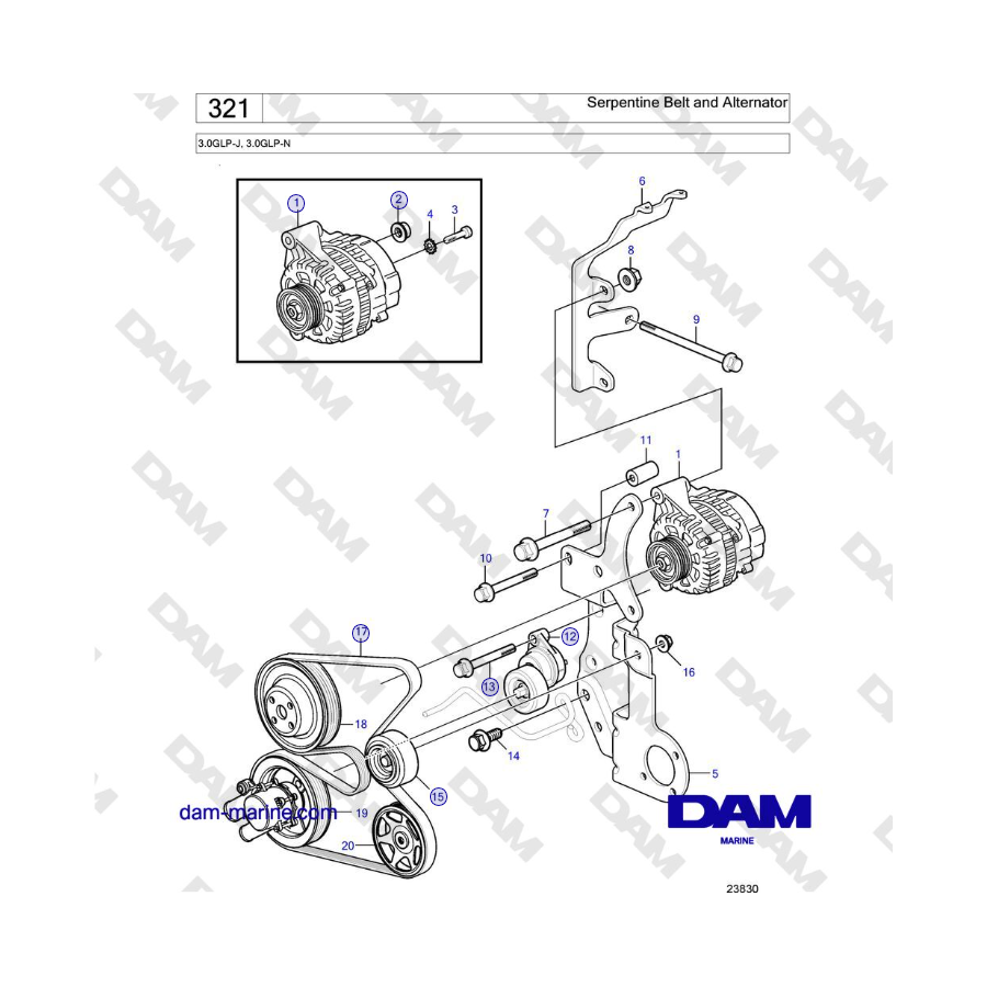 Volvo Penta 3.0GLP-J, 3.0GLP-N - Serpentine Belt and Alternator 