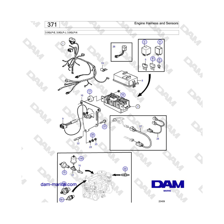Volvo Penta 3.0GLP-E, 3.0GLP-J, 3.0GLP-N - Engine Harness and Sensors