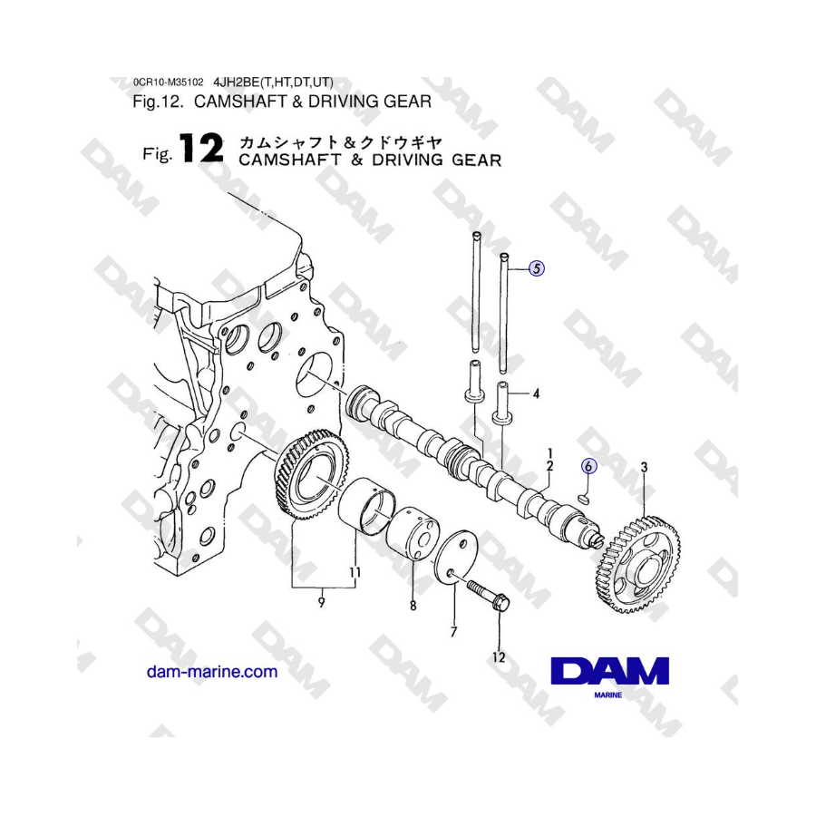 Yanmar 4JH2-DTE, 4JH2-STE, 4JH2-HTE, 4JH2-E - ÁRBOL DE LEVAS Y ENGRANAJE IMPULSOR