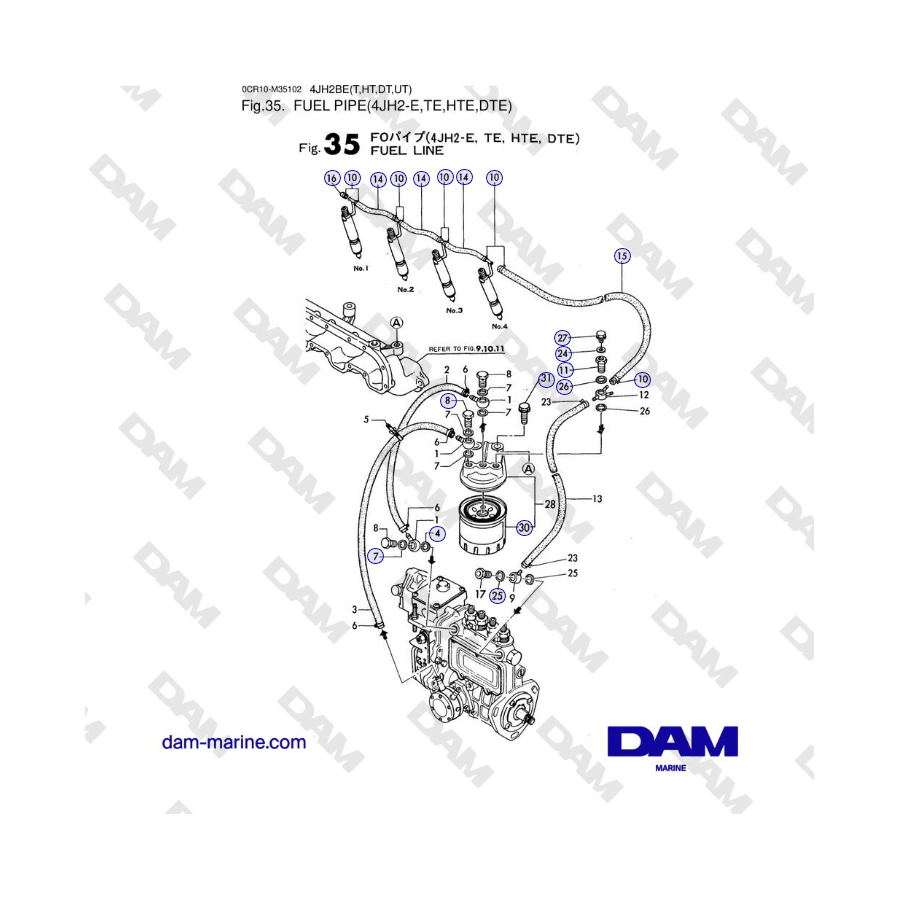 Yanmar 4JH2-DTE, 4JH2-HTE, 4JH2-E - TUBERÍA DE COMBUSTIBLE