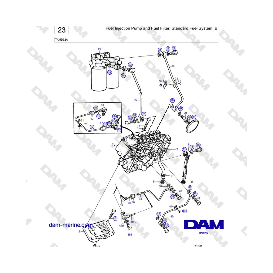 Volvo Penta TAMD62A - Pompa di iniezione del carburante e filtro del carburante. Sistema di alimentazione standard: B