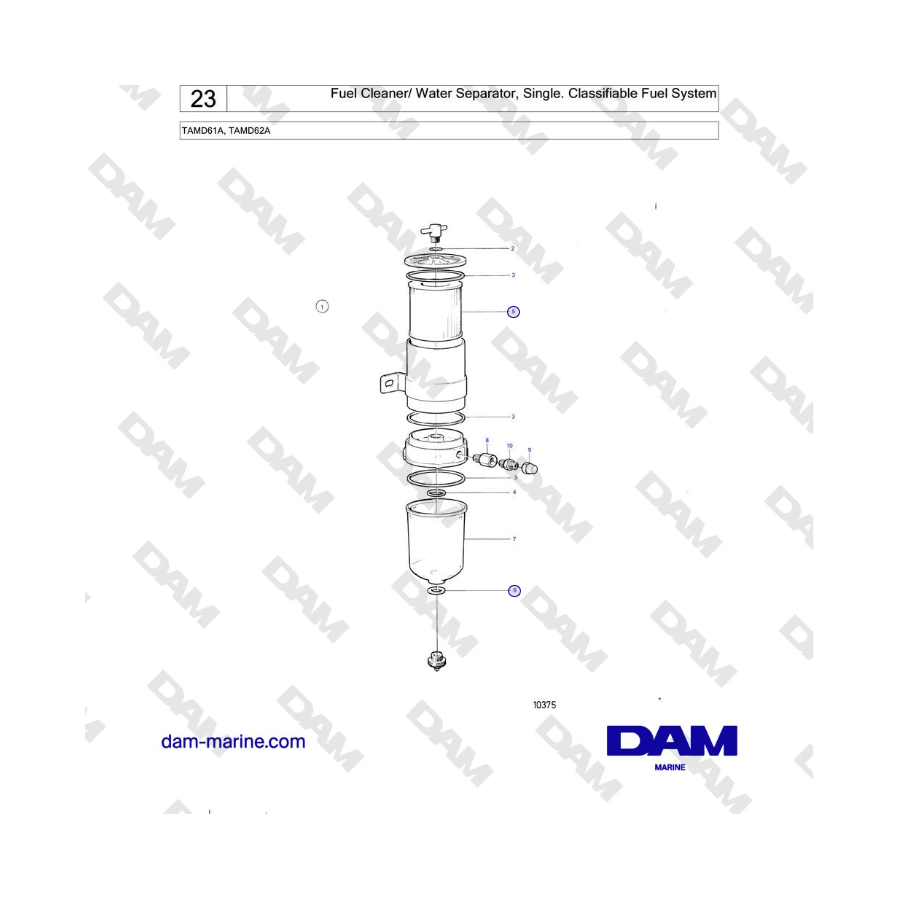 Volvo Penta TAMD61A, TAMD62A - Limpiador de combustible/separador de agua, simple. Sistema de combustible clasificable