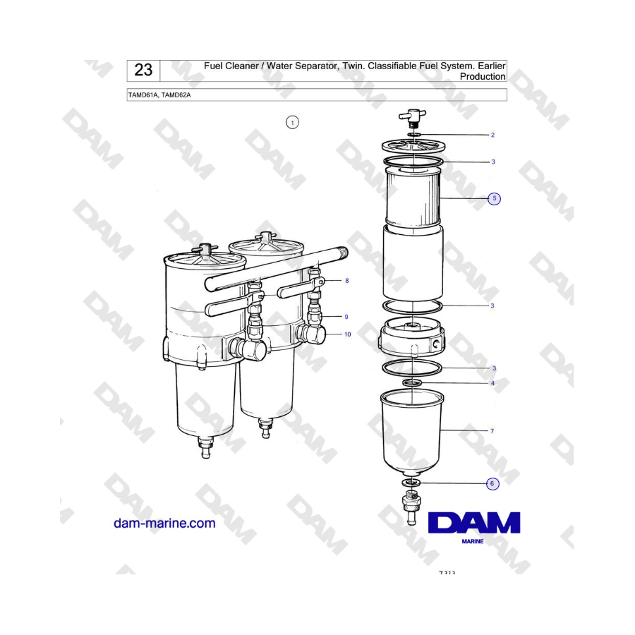 Volvo Penta TAMD61A, TAMD62A - Fuel Cleaner / Water Separator, Twin. Classifiable Fuel System. Earlier Production
