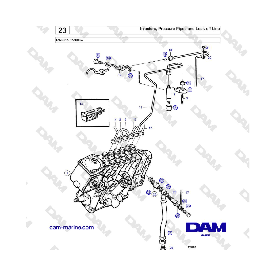 Volvo Penta TAMD61A, TAMD62A - Iniettori, tubi di pressione e tubo di tenuta 