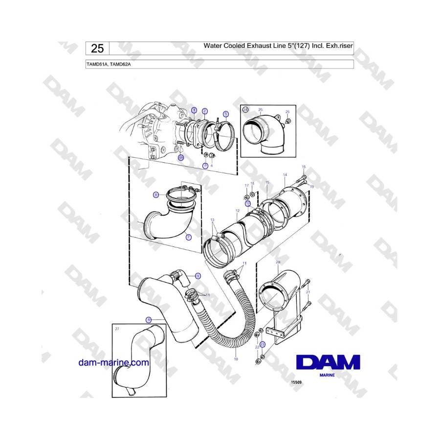 Volvo Penta TAMD61A, TAMD62A - Línea de escape refrigerada por agua 5''(127) Incl. Elevador del extractor