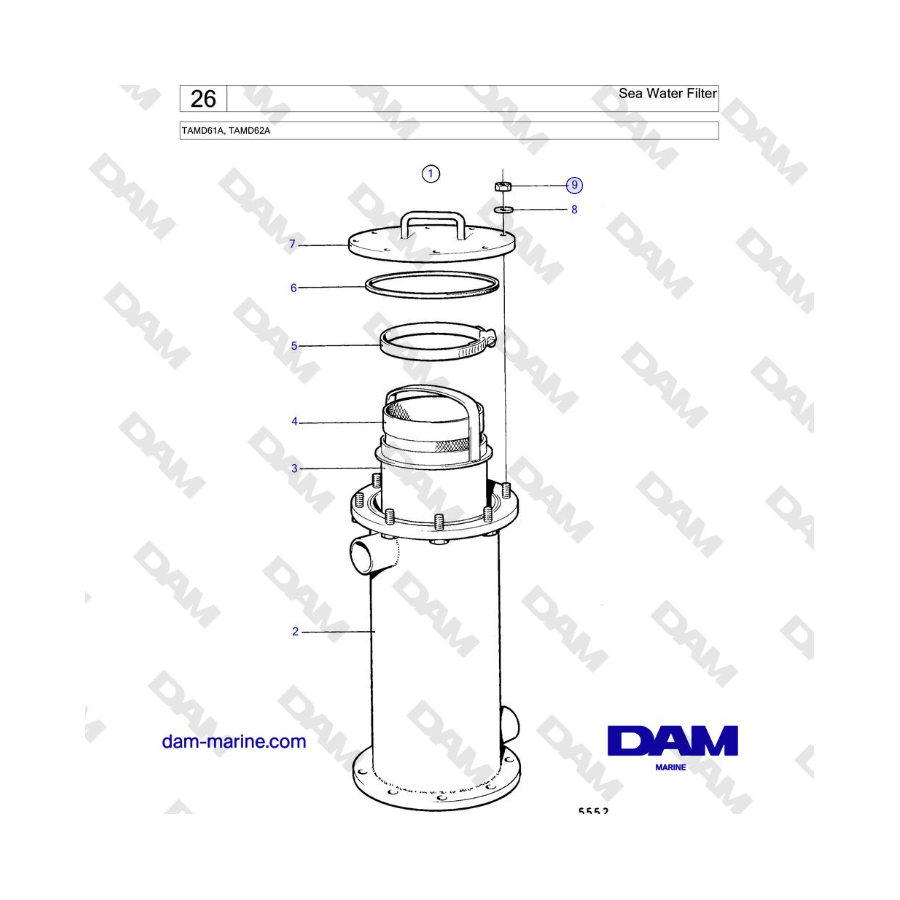 Filtro de agua de mar Volvo Penta TAMD61A, TAMD62A