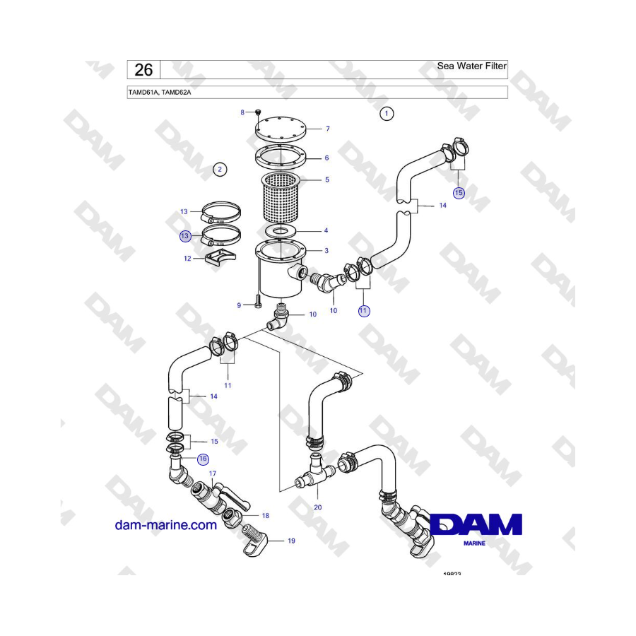 Filtro de agua de mar Volvo Penta TAMD61A, TAMD62A