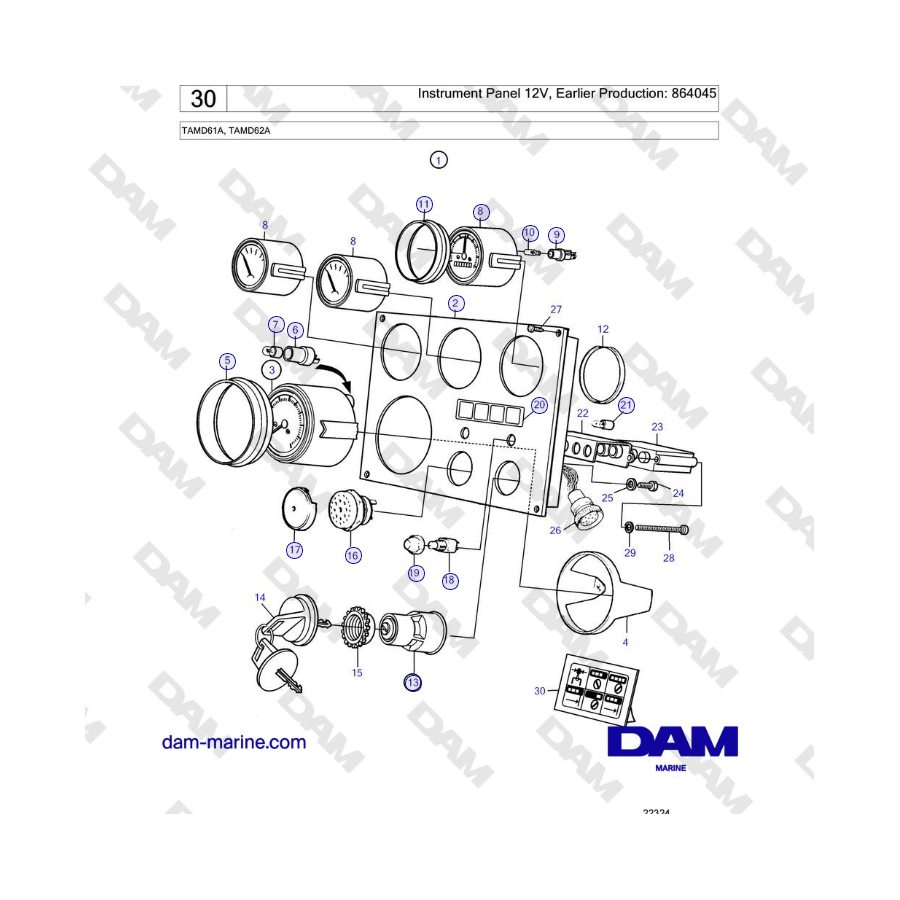 Volvo Penta TAMD61A, TAMD62A - Instrument Panel 12V, Earlier Production: 864045