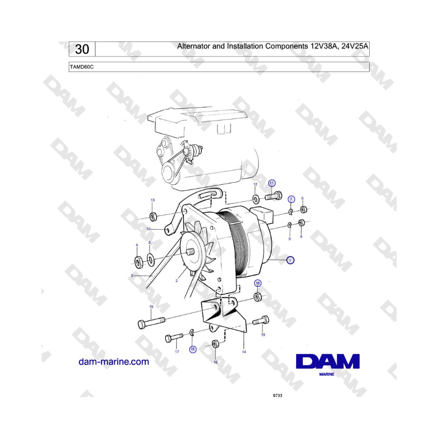 Volvo Penta TAMD60C - Alternador y componentes de instalación 12V38A, 24V25A