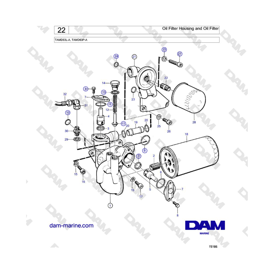 Volvo Penta TAMD63L-A, TAMD63P-A - Alloggiamento filtro olio e filtro olio