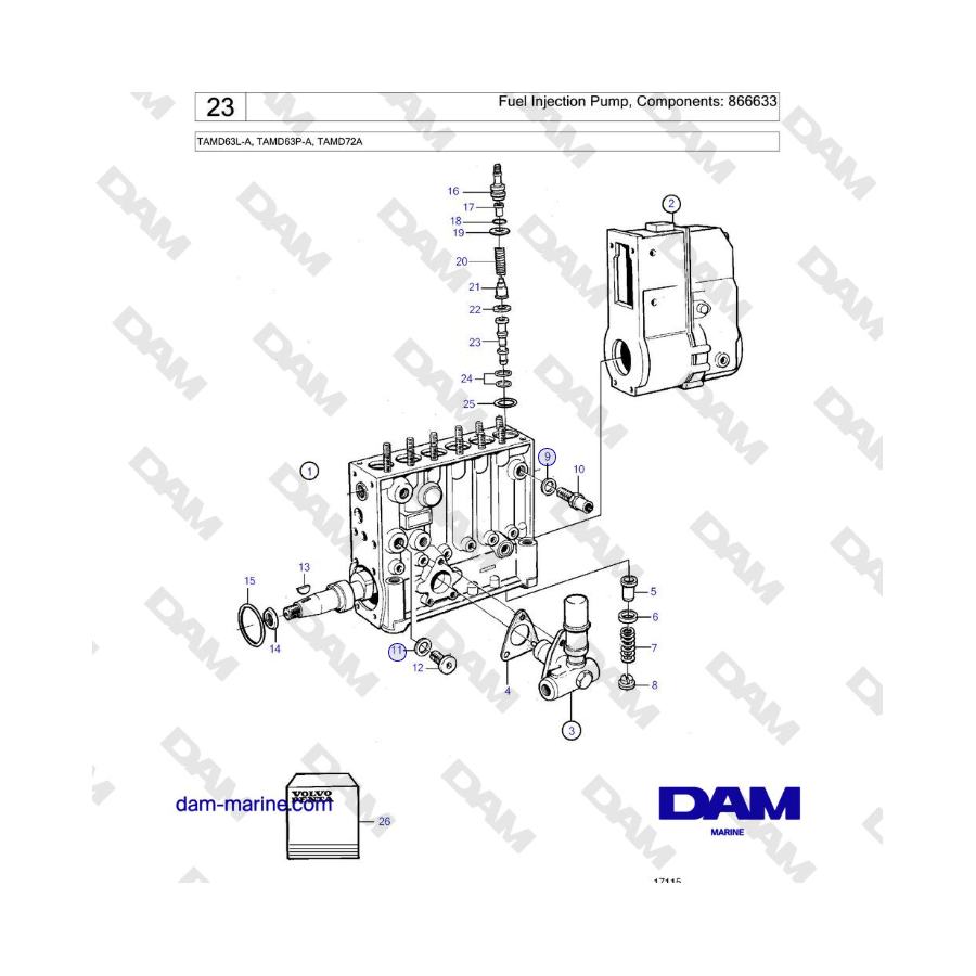 Volvo Penta TAMD63L-A, TAMD63P-A, TAMD72A - Pompa di iniezione del carburante, componenti: 866633