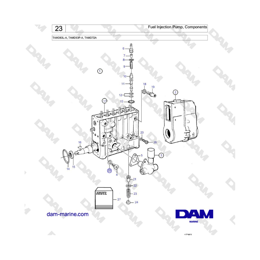 Volvo Penta TAMD63L-A, TAMD63P-A, TAMD72A - Bomba de inyección de combustible, componentes 