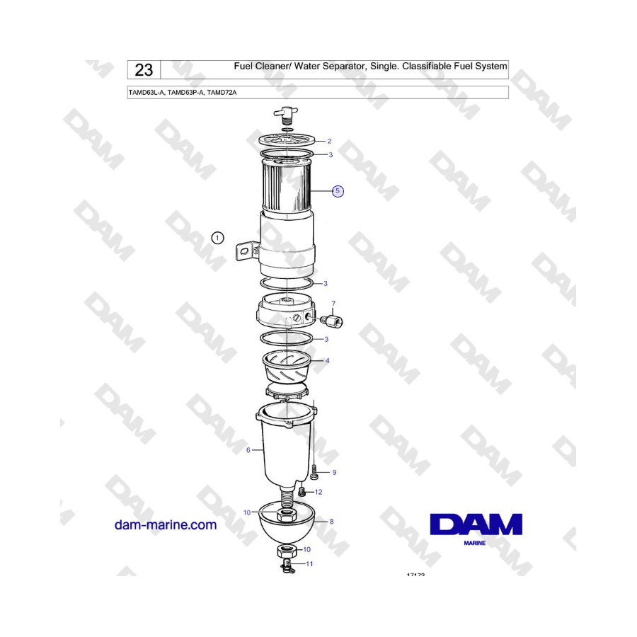 Volvo Penta TAMD63L-A, TAMD63P-A, TAMD72A - Limpiador de combustible/separador de agua, simple. Sistema de combustible clasifica