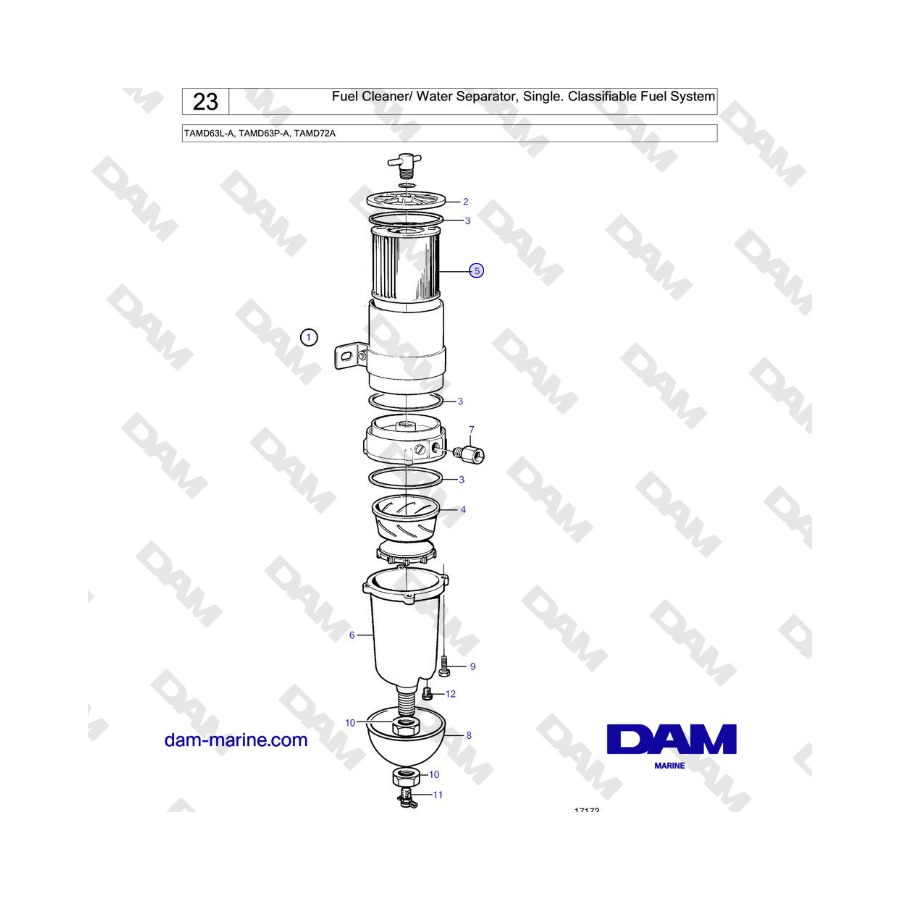 Volvo Penta TAMD63L-A, TAMD63P-A, TAMD72A - Limpiador de combustible/separador de agua, simple. Sistema de combustible clasifica