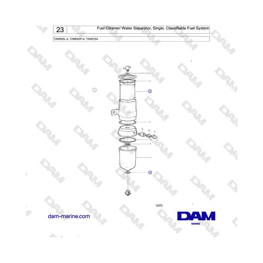 Volvo Penta TAMD63L-A, TAMD63P-A, TAMD72A - Limpiador de combustible/separador de agua, simple. Sistema de combustible clasifica