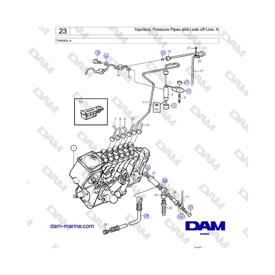 Volvo Penta TAMD63L-A - Iniettori, tubi di pressione e tubo di perdita: A