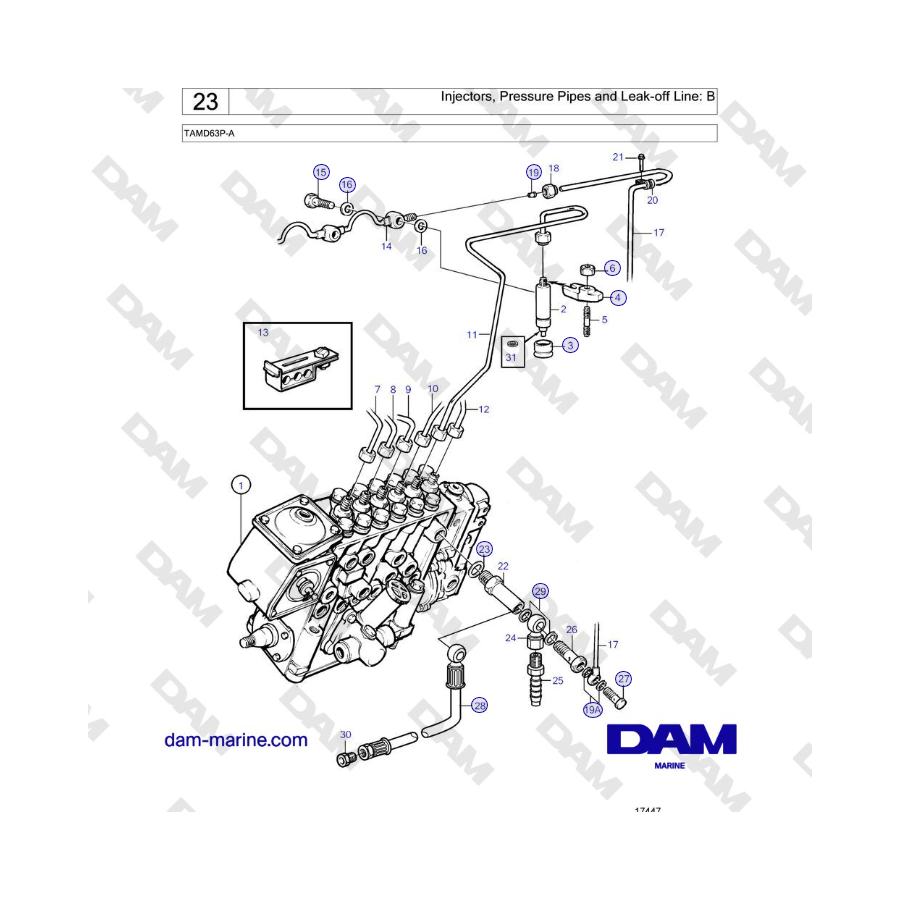Volvo Penta TAMD63P-A - Inyectores, tuberías de presión y línea de fugas: B 