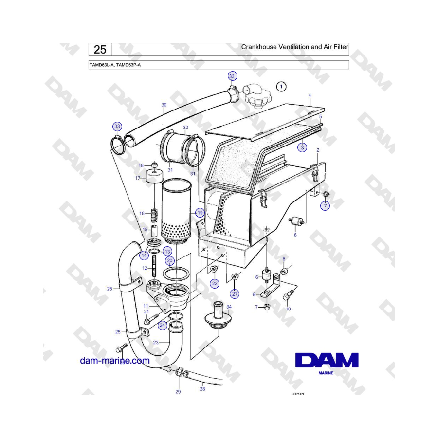 Volvo Penta TAMD63L-A, TAMD63P-A - Ventilación del cigüeñal y filtro de aire