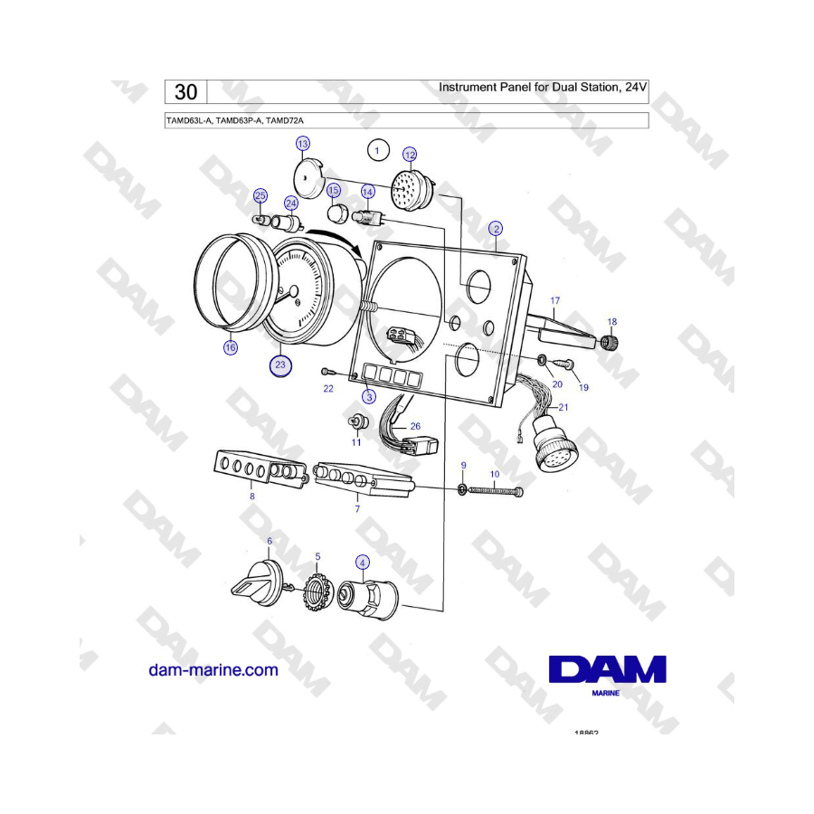 Volvo Penta TAMD63L-A, TAMD63P-A, TAMD72A - Panel de instrumentos para estación doble, 24 V