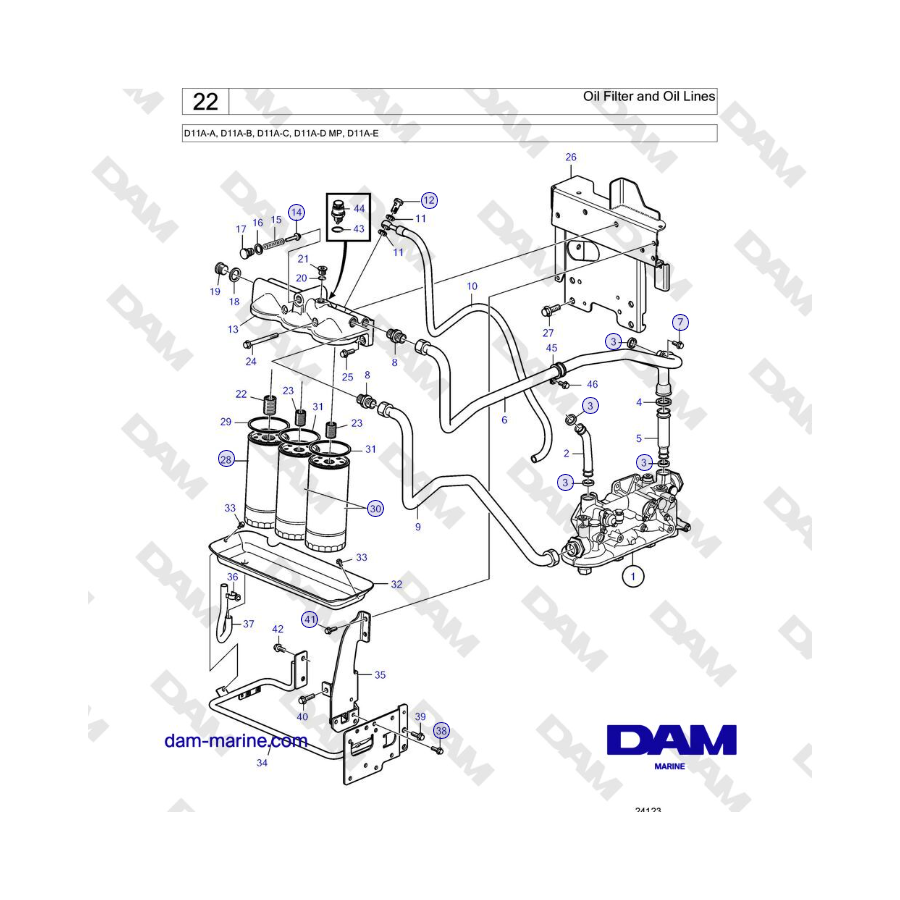 Volvo Penta D11A-A, D11A-B, D11A-C, D11A-D MP, D11A-E - Filtro de aceite y conductos de aceite