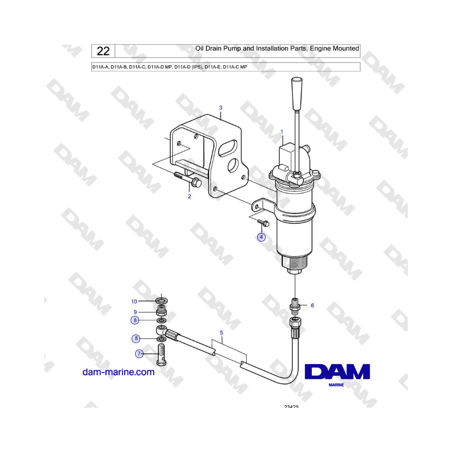 Volvo Penta D11A-A, D11A-B, D11A-C, D11A-D MP, D11A-D (IPS), D11A-E, D11A-C MP - Oil Drain Pump and Installation Parts