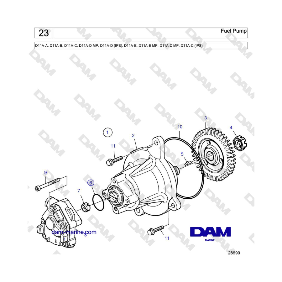 Volvo Penta D11A-A, D11A-B, D11A-C, D11A-D MP, D11A-D (IPS), D11A-E, D11A-E MP, D11A-C MP, D11A-C (IPS) - Bomba de combustible
