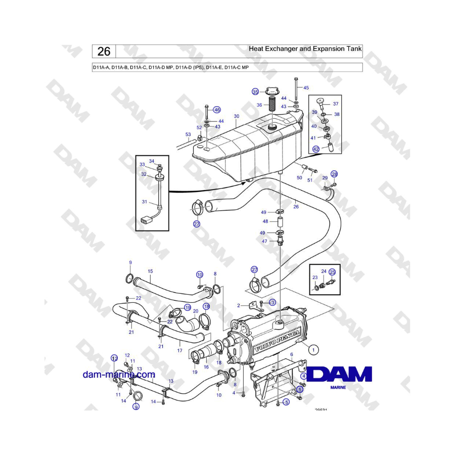 Volvo Penta D11A-A, D11A-B, D11A-C, D11A-D MP, D11A-D (IPS), D11A-E, D11A-C MP - Heat Exchanger and Expansion Tank