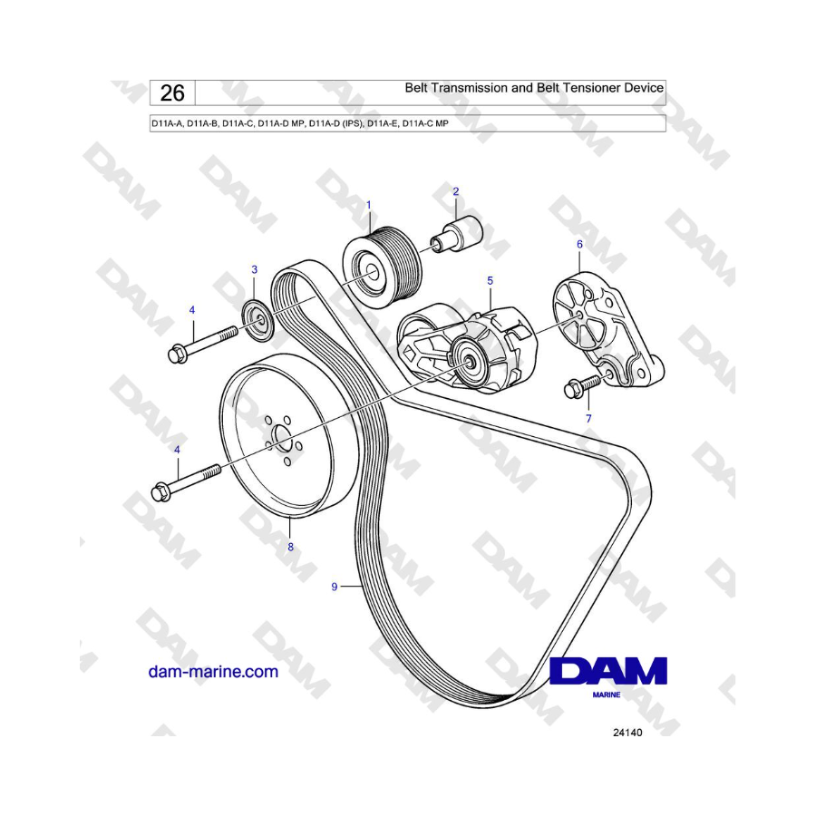 Volvo Penta D11A-A, D11A-B, D11A-C, D11A-D MP, D11A-D (IPS), D11A-E, D11A-C MP - Transmisión por correa y dispositivo tensor de