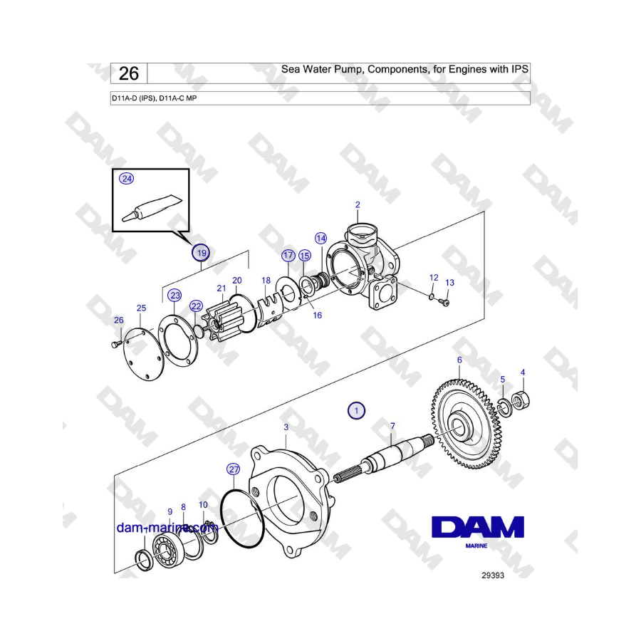 Volvo Penta D11A-D (IPS), D11A-C MP - Bomba de agua de mar, componentes, para motores con IPS
