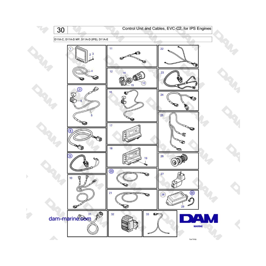 Volvo Penta D11A-C, D11A-D MP, D11A-D (IPS), D11A-E - Unità di controllo e cavi, EVC-C2, per motori IPS