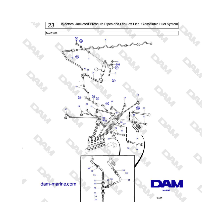 Volvo Penta TAMD103A - Inyectores, tuberías de presión encamisadas y línea de detección de fugas. Sistema de combustible clasifi