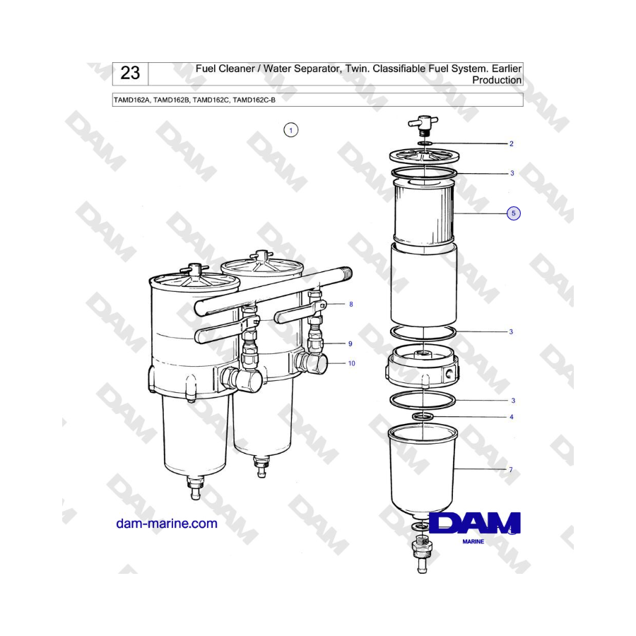 Volvo Penta TAMD162A, TAMD162B, TAMD162C, TAMD162C-B - Limpiador de combustible / Separador de agua, doble. Sistema de combustib