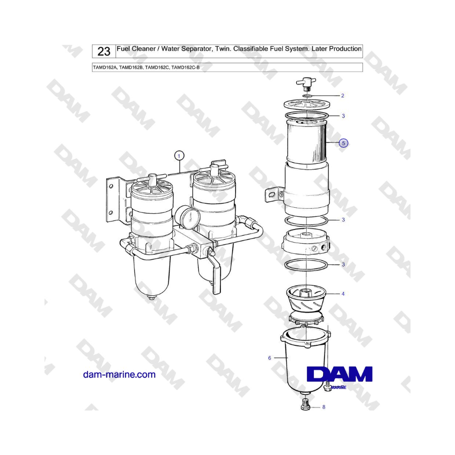 Volvo Penta TAMD162A, TAMD162B, TAMD162C, TAMD162C-B - Limpiador de combustible / Separador de agua, doble. Sistema de combustib