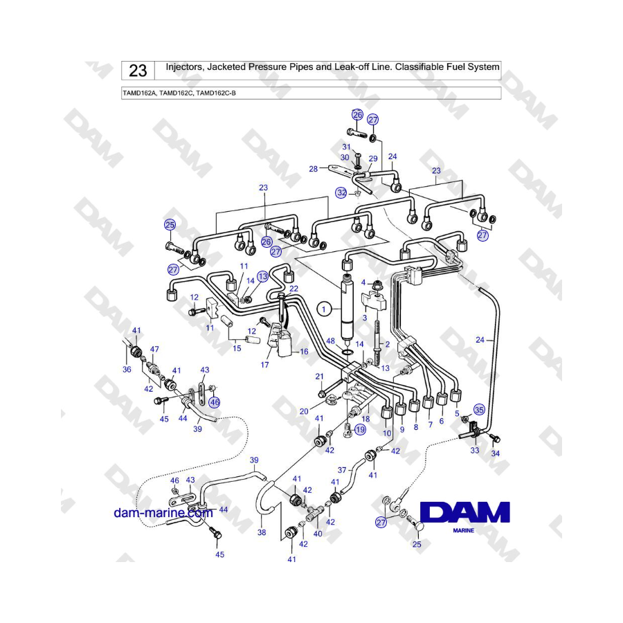 Volvo Penta TAMD162A, TAMD162C, TAMD162C-B - Iniettori, tubi di pressione rivestiti e tubo di tenuta. Sistema di alimentazione c