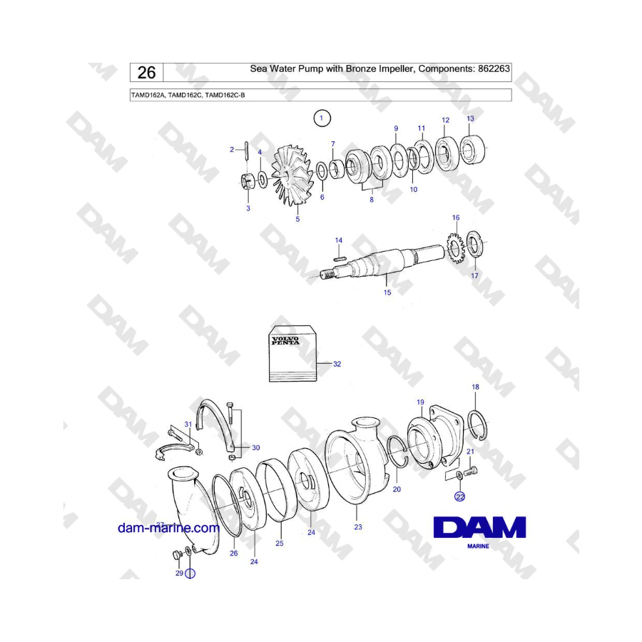 Volvo Penta TAMD162A, TAMD162C, TAMD162C-B - Bomba de agua de mar con impulsor de bronce, Componentes: 862263
