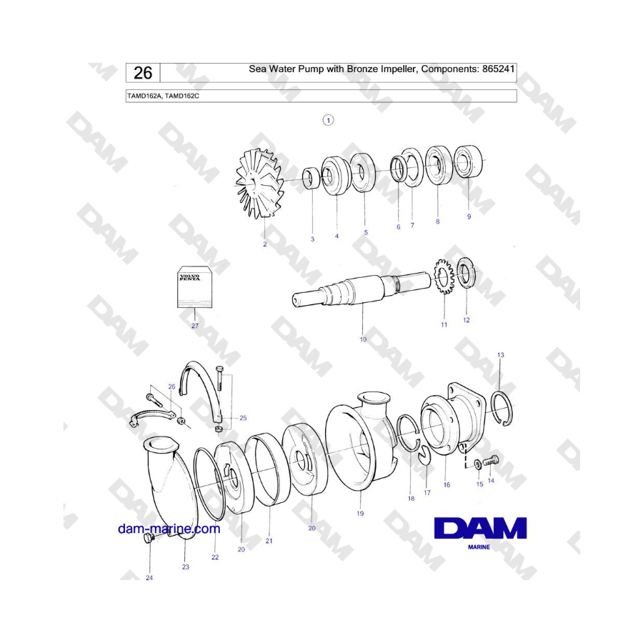 Volvo Penta TAMD162A, TAMD162C - Sea Water Pump with Bronze Impeller, Components: 865241