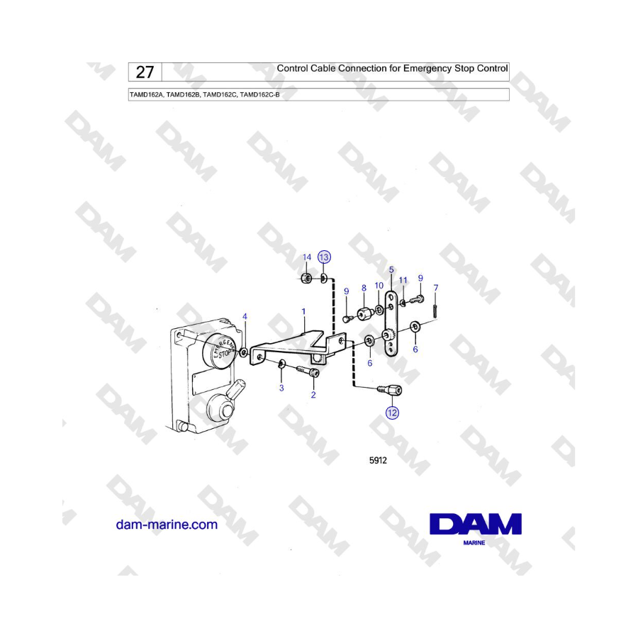 Volvo Penta TAMD162A, TAMD162B, TAMD162C, TAMD162C-B - Collegamento del cavo di controllo per il controllo dell'arresto di emerg
