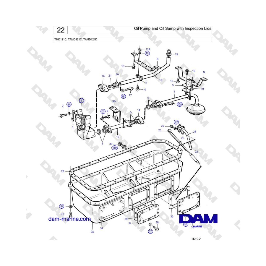 Volvo Penta TMD121C, TAMD121C, TAMD121D - Pompa dell'olio e coppa dell'olio con coperchi di ispezione