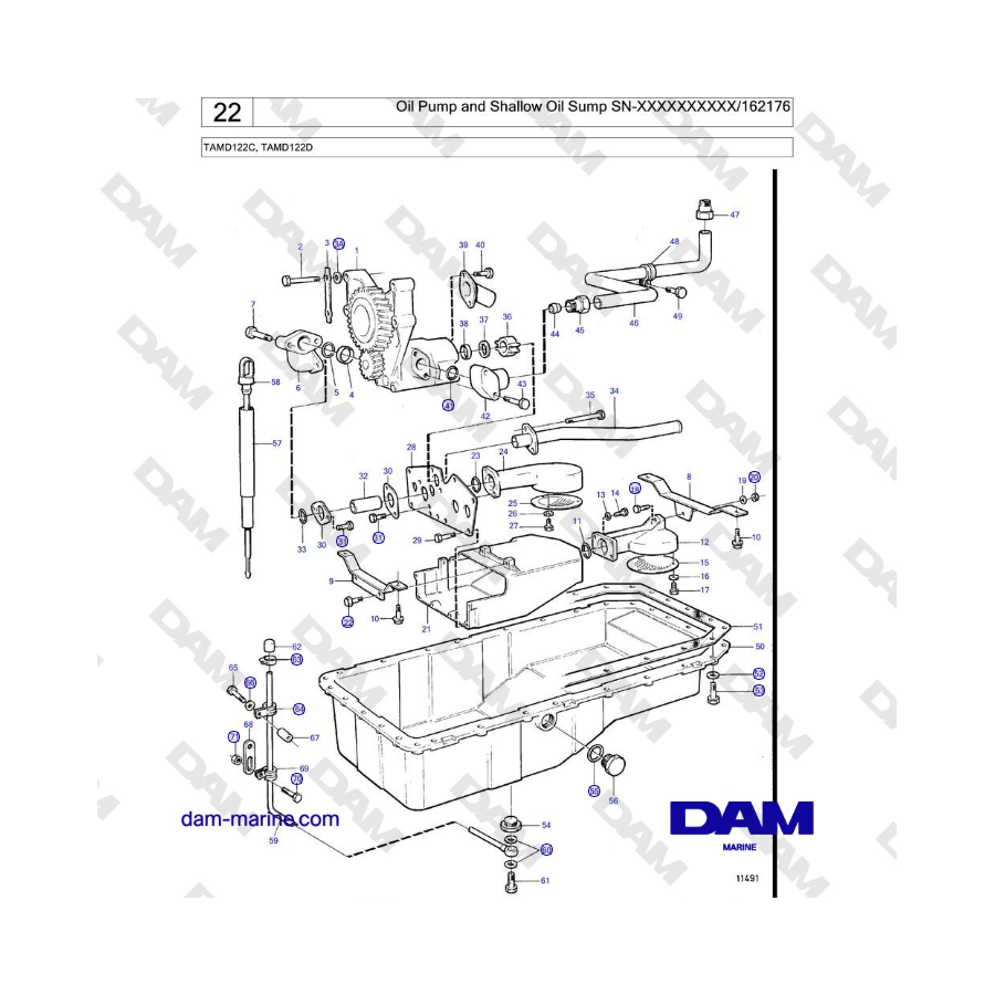 Volvo Penta TAMD122C, TAMD122D - Bomba de aceite y cárter de aceite poco profundo
