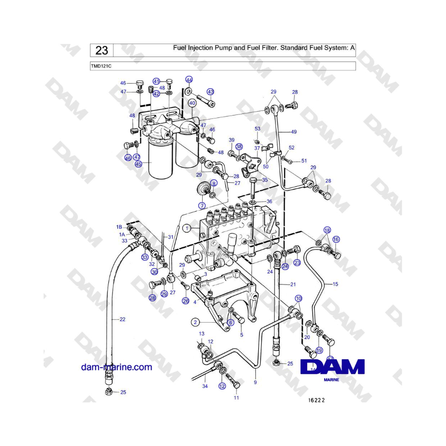 Volvo Penta TMD121C - Pompa di iniezione del carburante e filtro del carburante. Sistema di alimentazione standard: A