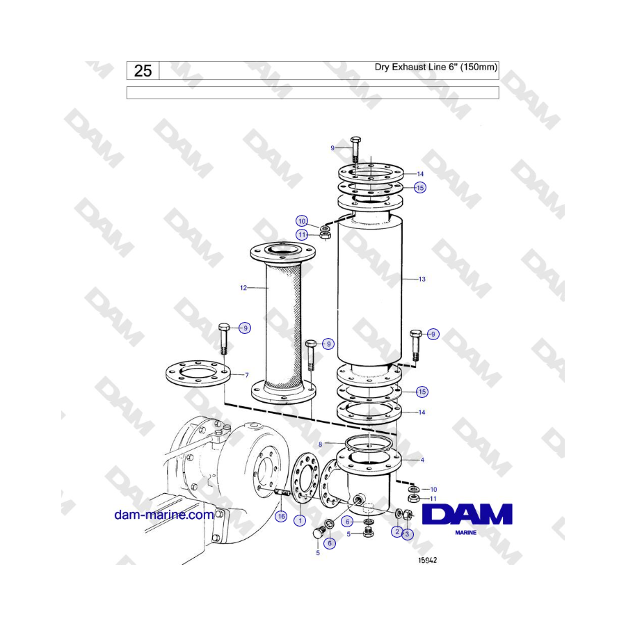 Volvo Penta TMD121C, TAMD121C, TAMD121D, TAMD122C, TAMD122D - Línea de escape seca de 6'' (150 mm)