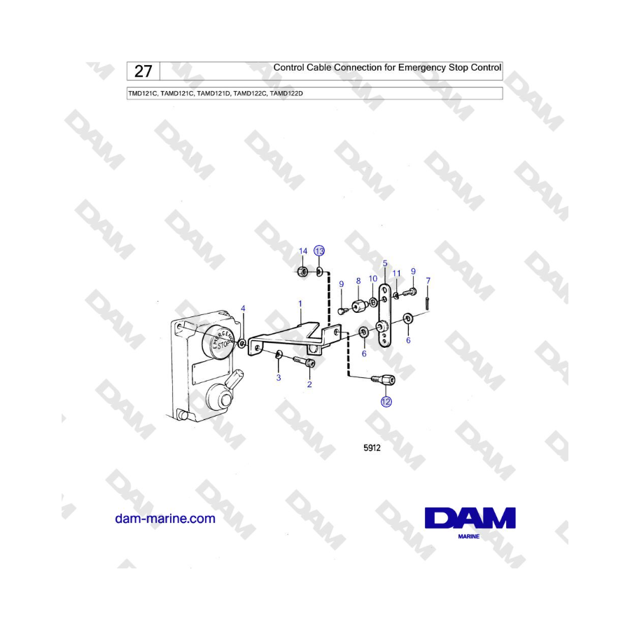 Volvo Penta TMD121C, TAMD121C, TAMD121D, TAMD122C, TAMD122D - Conexión del cable de control para el control de parada de emergen