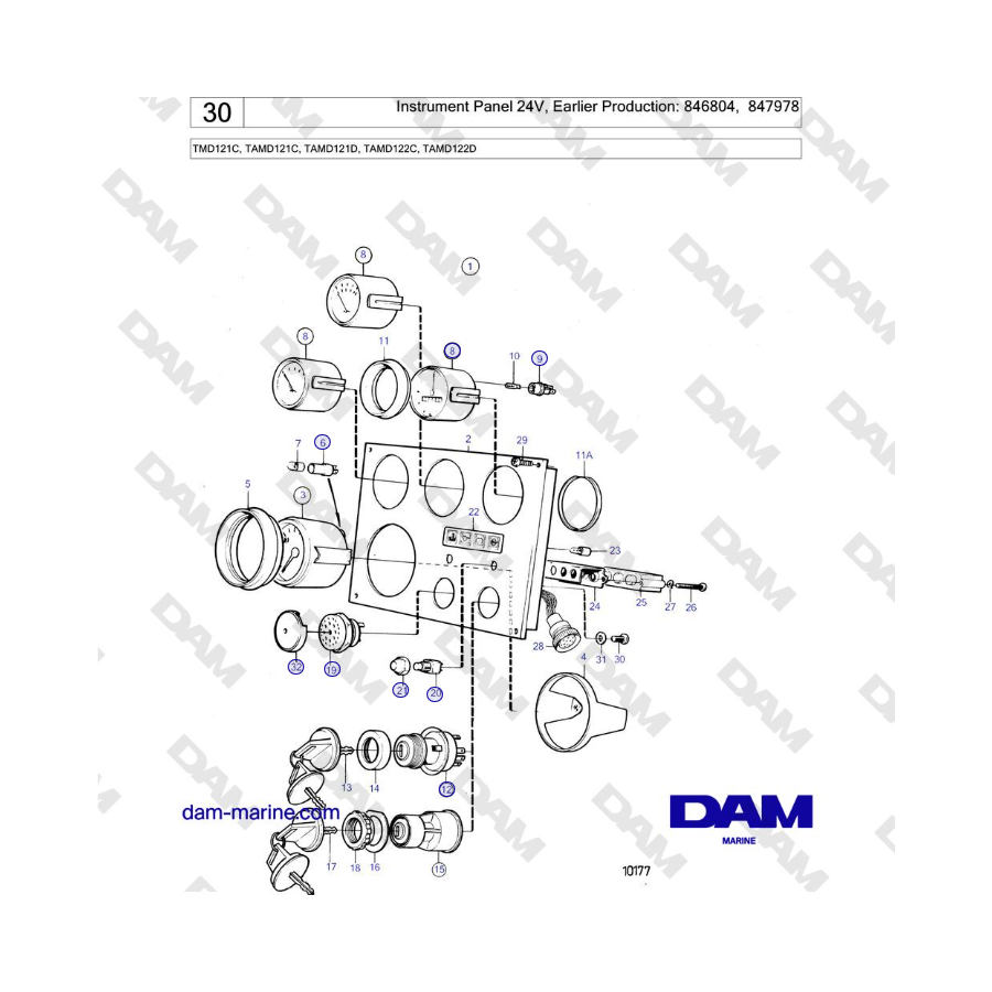 Volvo Penta TMD121C, TAMD121C, TAMD121D, TAMD122C, TAMD122D - Panel de instrumentos de 24 V, Producción anterior: 846804, 847978