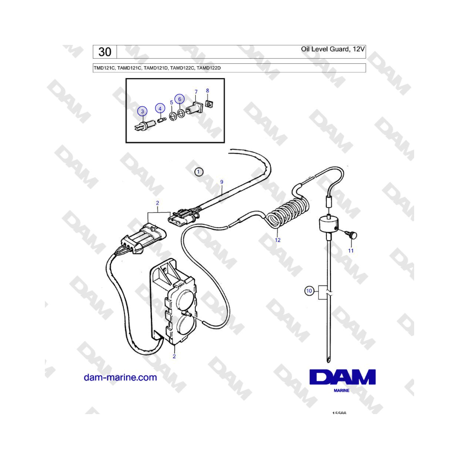 Volvo Penta TMD121C, TAMD121C, TAMD121D, TAMD122C, TAMD122D - Protector de nivel de aceite, 12 V