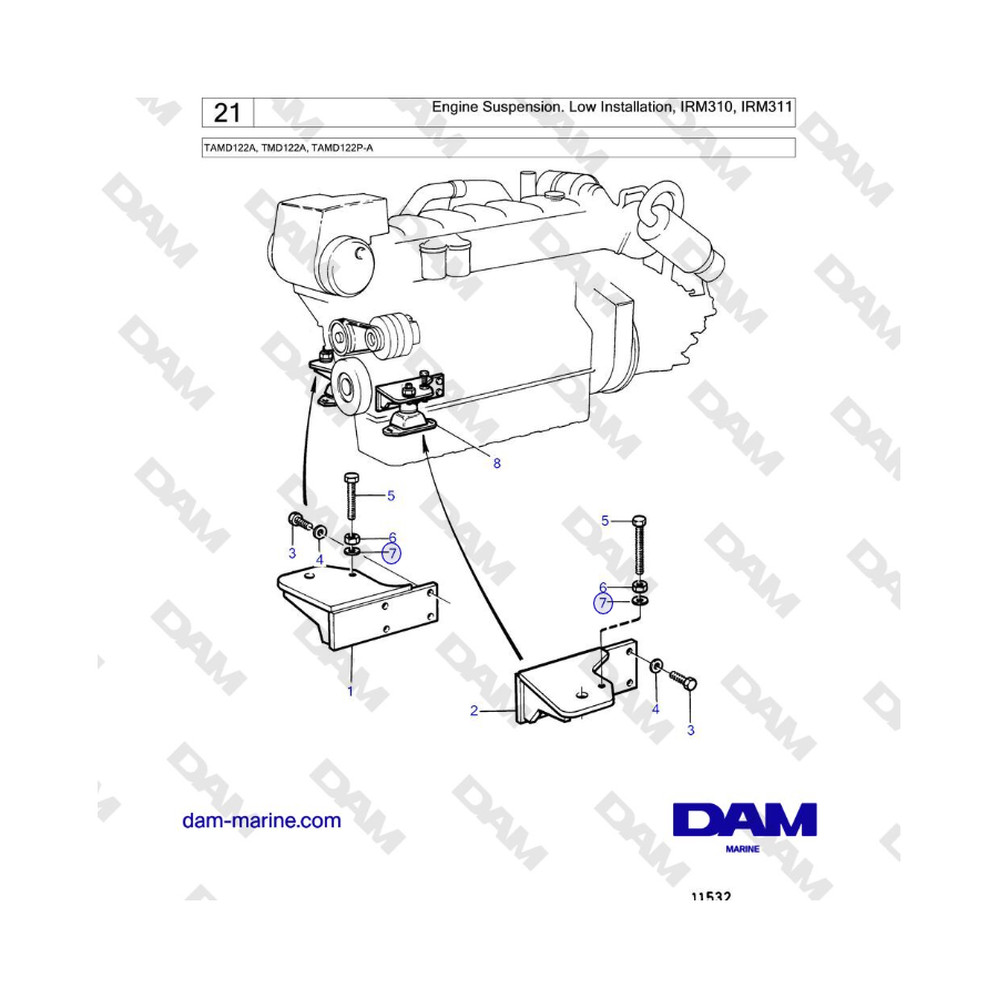 Volvo Penta TAMD122A, TMD122A, TAMD122P-A - Suspensión del motor. Instalación baja, IRM310, IRM311