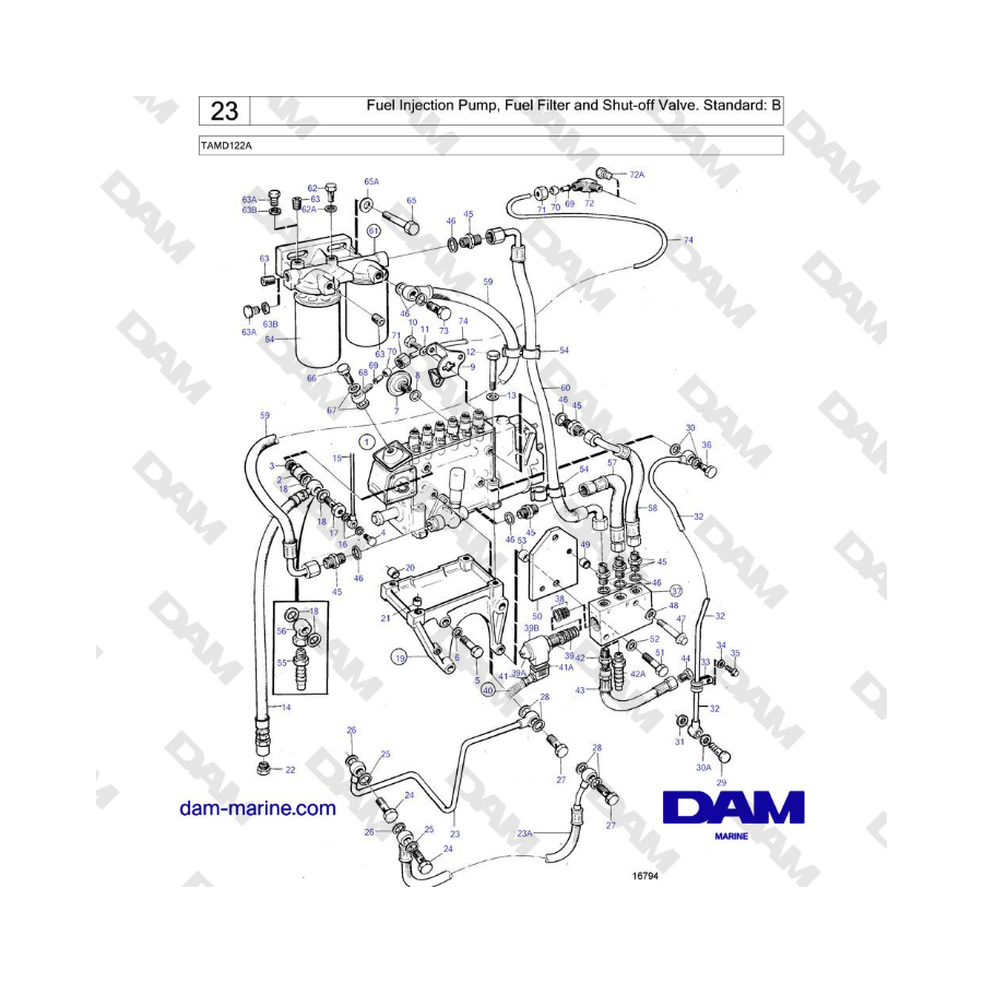 Volvo Penta TAMD122A - Fuel Injection Pump, Fuel Filter and Shut-off Valve. Standard: B 