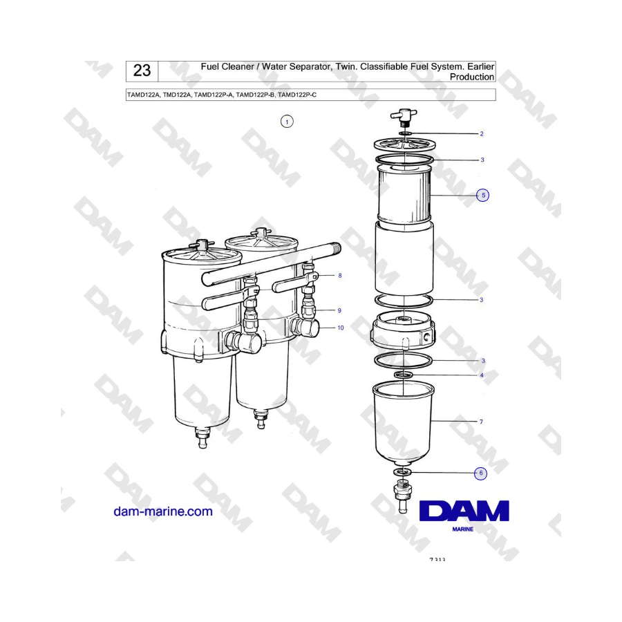 Volvo Penta TAMD122A, TMD122A, TAMD122P-A, TAMD122P-B, TAMD122P-C - Limpiador de combustible / Separador de agua, doble.