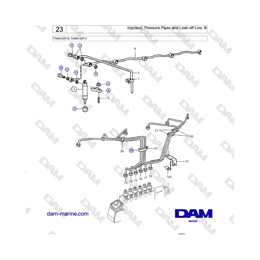 Volvo Penta TAMD122P-B, TAMD122P-C - Inyectores, tuberías de presión y línea de fugas: B