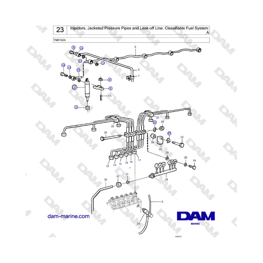 Volvo Penta TMD122A - Inyectores, tuberías de presión encamisadas y línea de detección de fugas. Sistema de combustible clasific