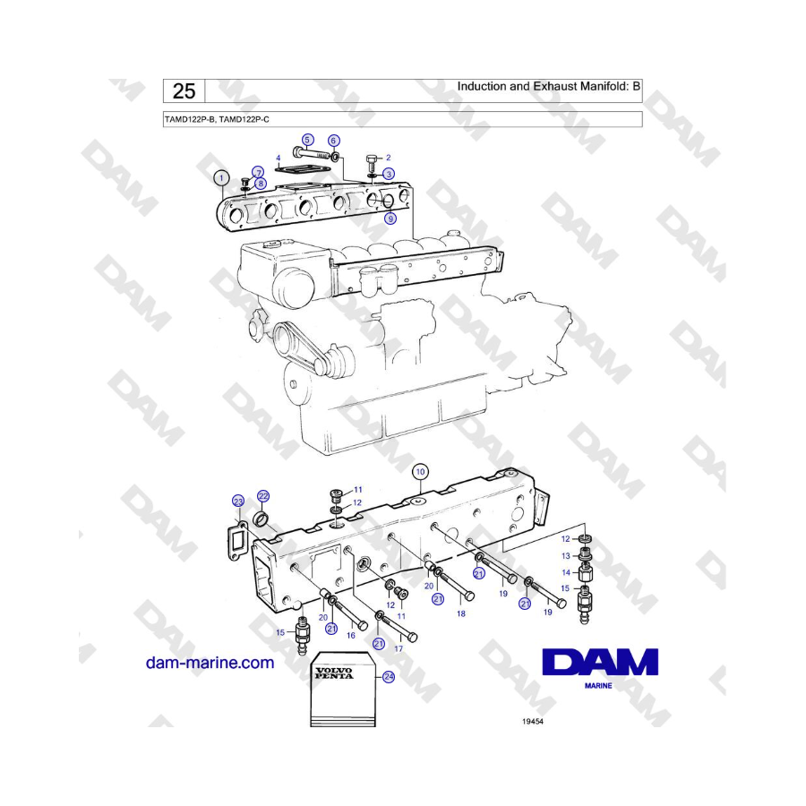 Volvo Penta TAMD122P-B, TAMD122P-C - Collettore di aspirazione e scarico: B